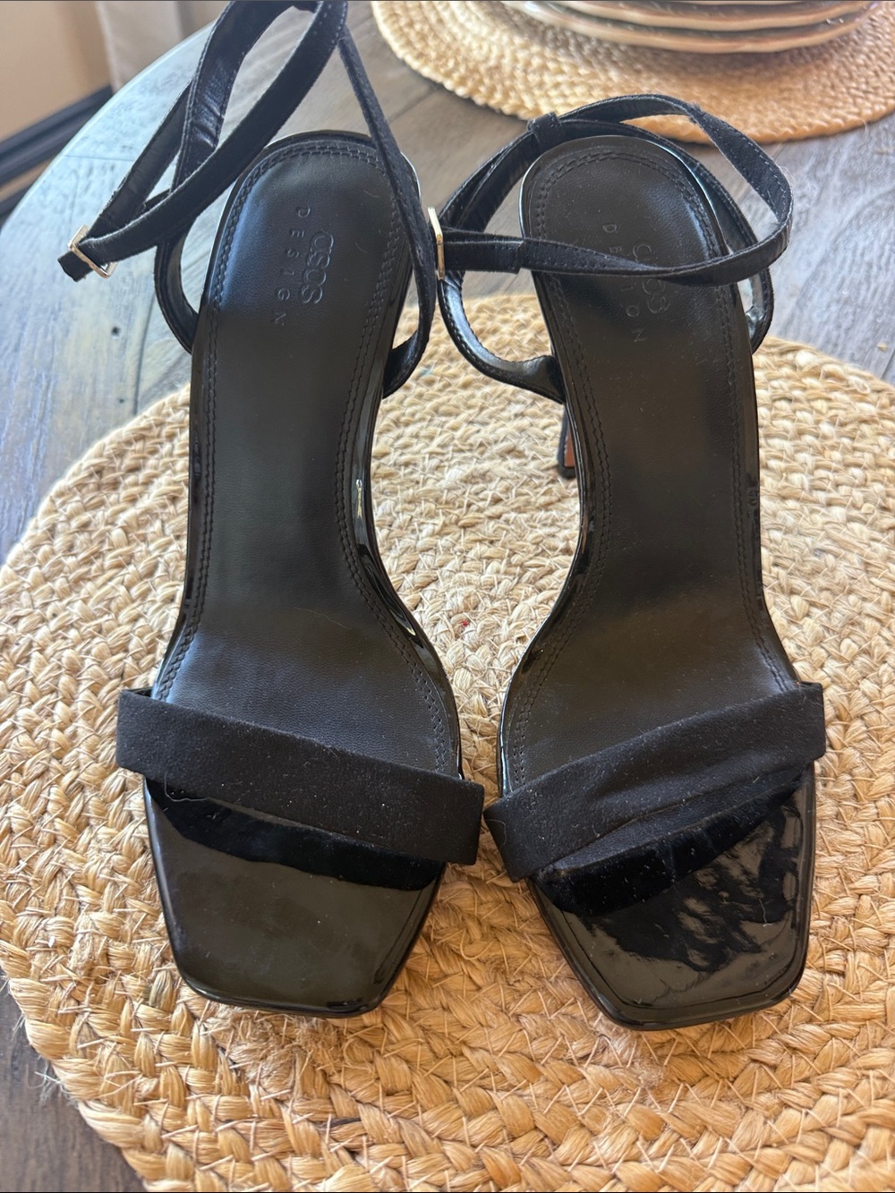 ASOS Design Black Stiletto Strappy Sandals Heels Size 7 Sexy Faux Suede & Patent